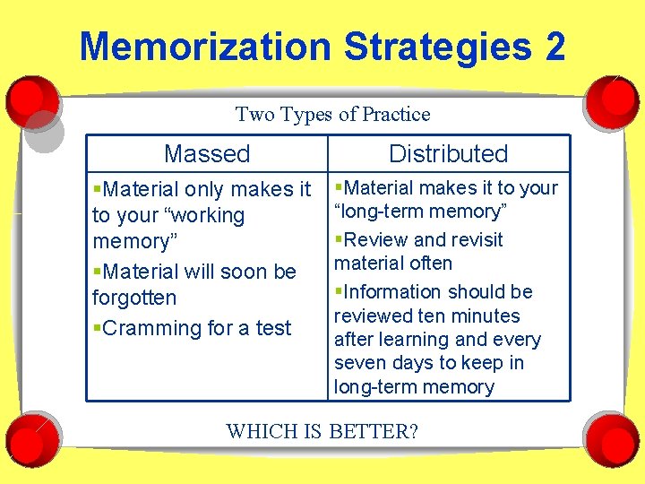 Memorization Strategies 2 Two Types of Practice Massed Distributed §Material only makes it to