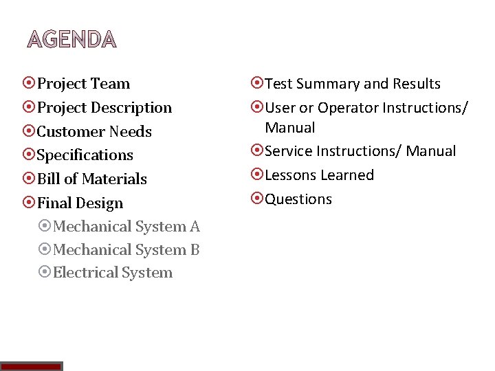  Project Team Project Description Customer Needs Specifications Bill of Materials Final Design Mechanical