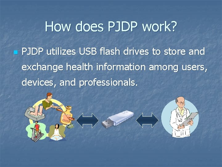 How does PJDP work? n PJDP utilizes USB flash drives to store and exchange