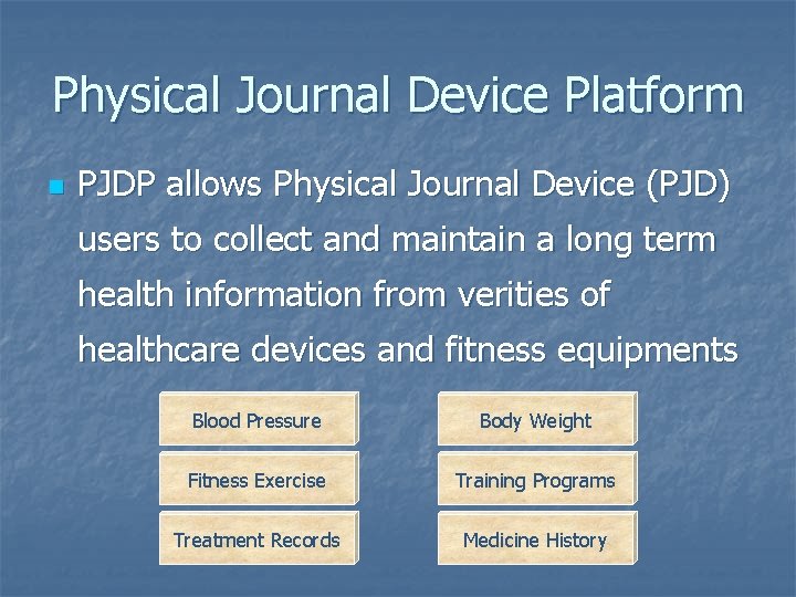 Physical Journal Device Platform n PJDP allows Physical Journal Device (PJD) users to collect