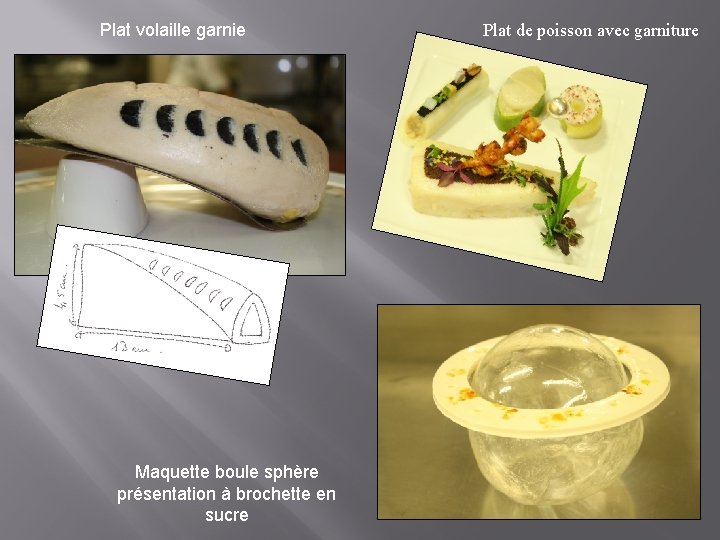 Plat volaille garnie Maquette boule sphère présentation à brochette en sucre Plat de poisson