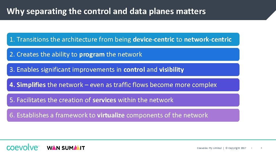 Why separating the control and data planes matters 1. Transitions the architecture from being