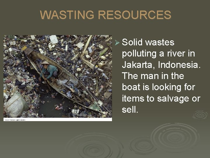 WASTING RESOURCES Ø Solid wastes polluting a river in Jakarta, Indonesia. The man in