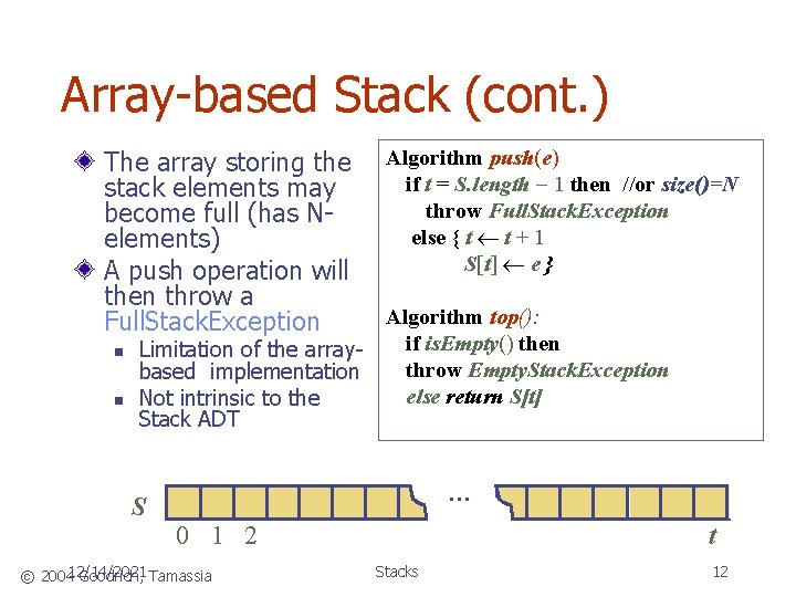 Array-based Stack (cont. ) The array storing the stack elements may become full (has