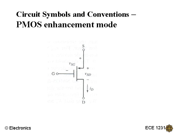 Circuit Symbols and Conventions – PMOS enhancement mode © Electronics ECE 1231 