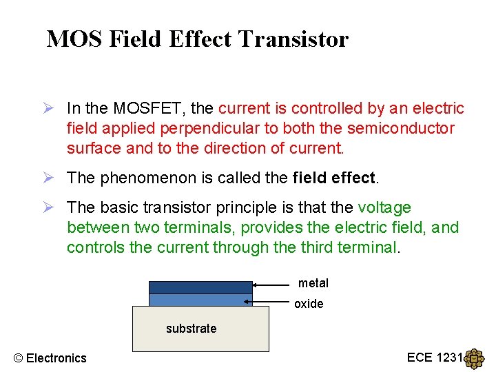 MOS Field Effect Transistor Ø In the MOSFET, the current is controlled by an