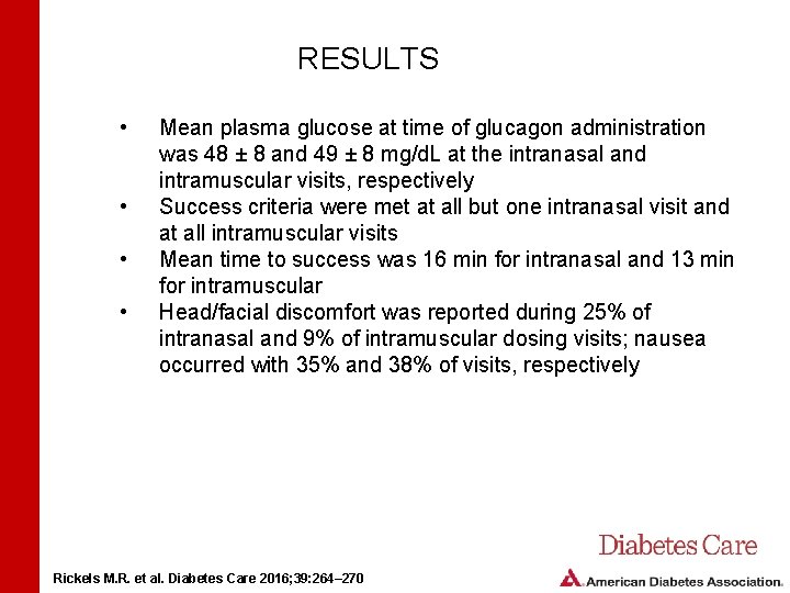 RESULTS • • Mean plasma glucose at time of glucagon administration was 48 ±