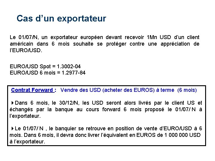 Cas d’un exportateur Le 01/07/N, un exportateur européen devant recevoir 1 Mn USD d’un