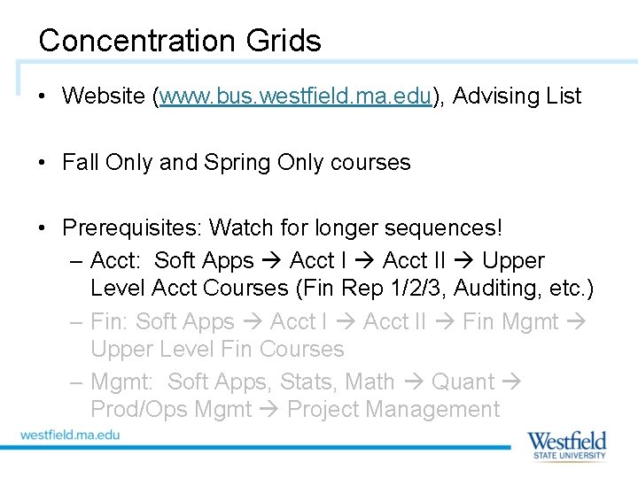 Concentration Grids • Website (www. bus. westfield. ma. edu), Advising List • Fall Only
