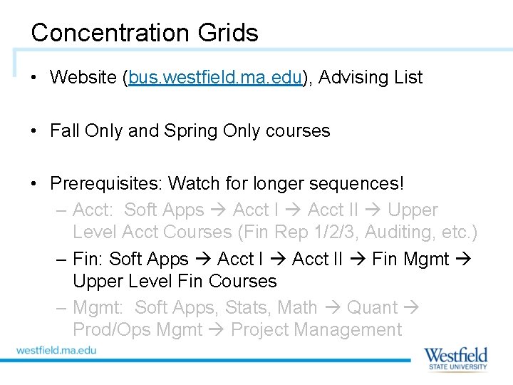 Concentration Grids • Website (bus. westfield. ma. edu), Advising List • Fall Only and