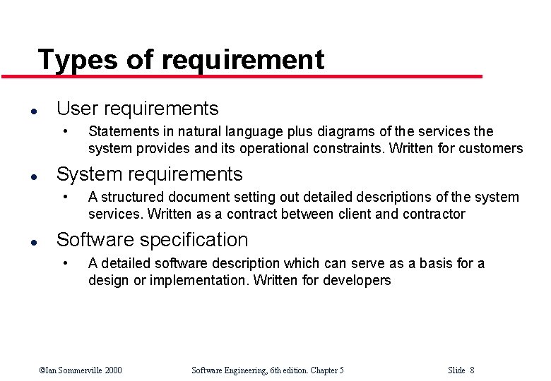 Programable Requirements Chapter 5 Software Requirements Ian Sommerville 2000 Software