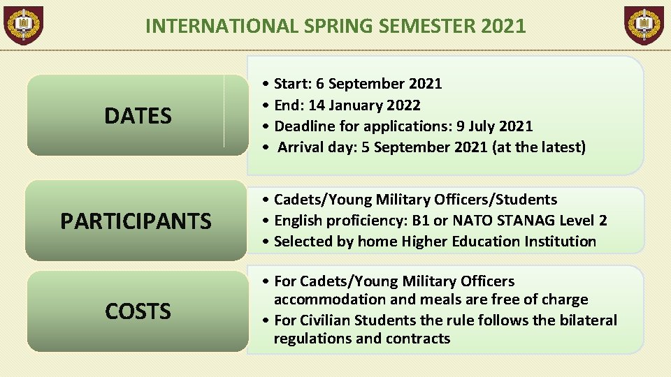 INTERNATIONAL SPRING SEMESTER 2021 DATES • Start: 6 September 2021 • End: 14 January