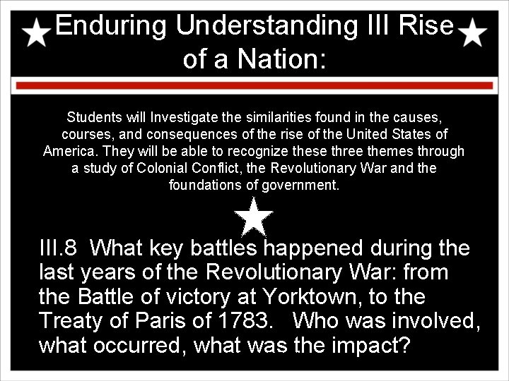 Enduring Understanding III Rise of a Nation: Students will Investigate the similarities found in