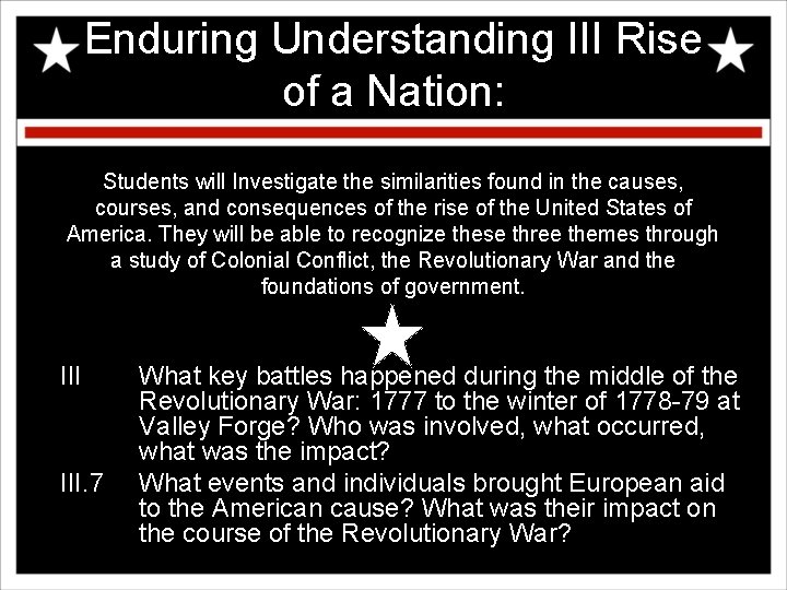 Enduring Understanding III Rise of a Nation: Students will Investigate the similarities found in