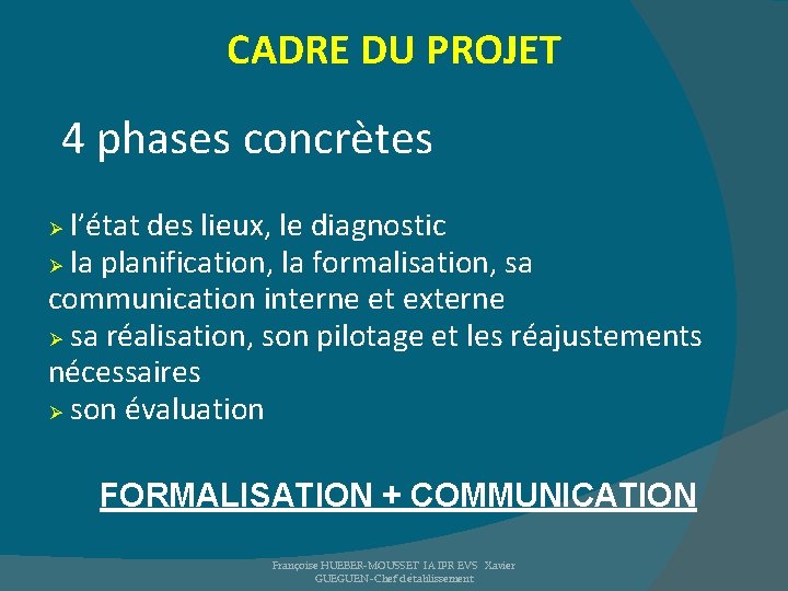 CADRE DU PROJET 4 phases concrètes l’état des lieux, le diagnostic Ø la planification,