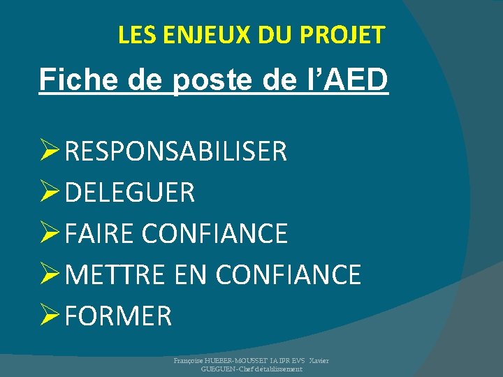 LES ENJEUX DU PROJET Fiche de poste de l’AED ØRESPONSABILISER ØDELEGUER ØFAIRE CONFIANCE ØMETTRE