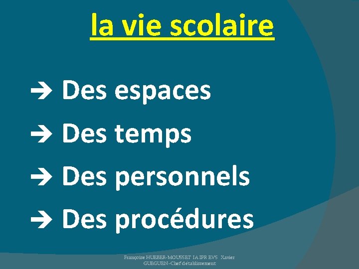 la vie scolaire Des espaces Des temps Des personnels Des procédures Françoise HUEBER-MOUSSET IA