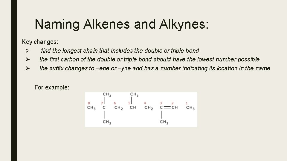 Naming Alkenes and Alkynes: ■ Key changes: Ø find the longest chain that includes