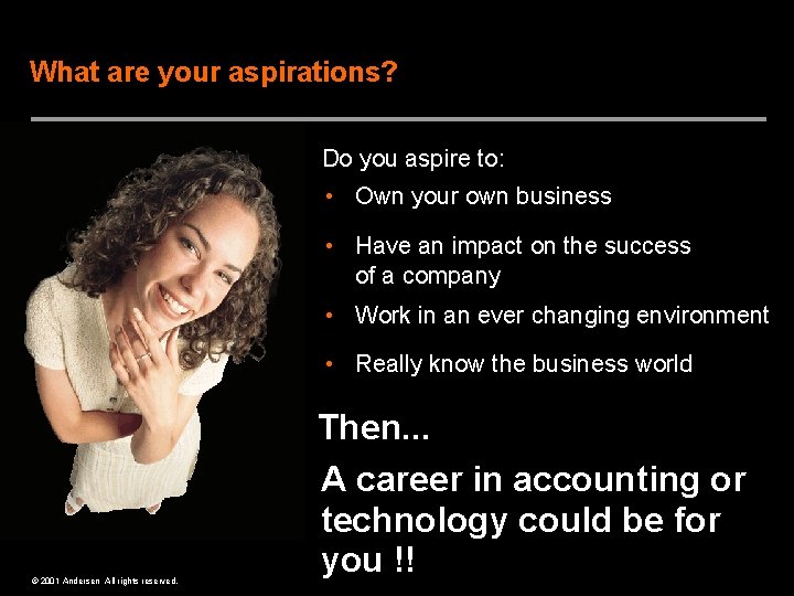 What are your aspirations? Do you aspire to: • Own your own business •