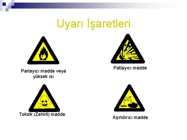 Uyarı İşaretleri Parlayıcı madde veya yüksek ısı Toksik (Zehirli) madde Patlayıcı madde Aşındırıcı madde