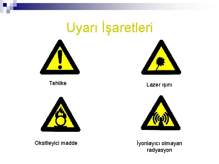 Uyarı İşaretleri Tehlike Oksitleyici madde Lazer ışını İyonlayıcı olmayan radyasyon 