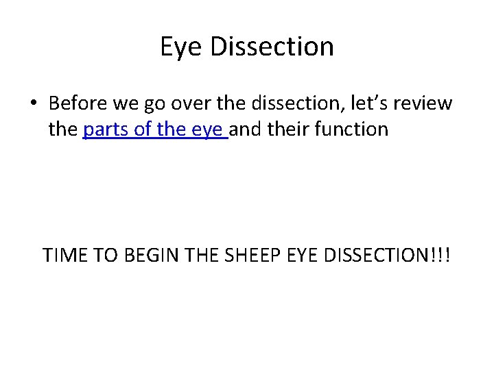 Eye Dissection • Before we go over the dissection, let’s review the parts of
