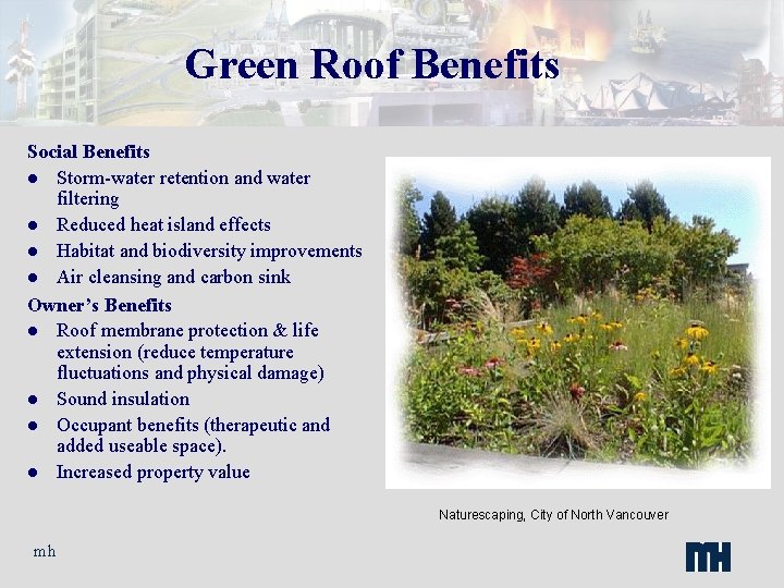 Green Roof Benefits Social Benefits l Storm-water retention and water filtering l Reduced heat