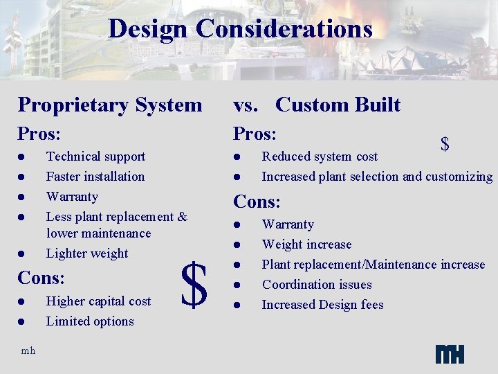 Design Considerations Proprietary System vs. Custom Built Pros: l l l Technical support Faster