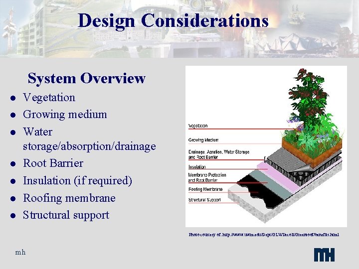 Design Considerations System Overview l l l l Vegetation Growing medium Water storage/absorption/drainage Root