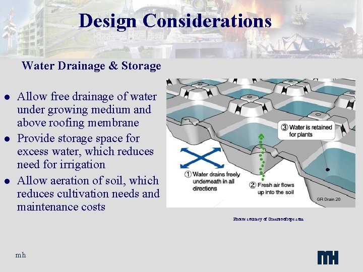 Design Considerations Water Drainage & Storage l l l Allow free drainage of water