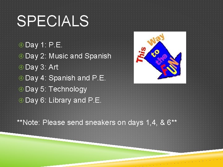 SPECIALS Day 1: P. E. Day 2: Music and Spanish Day 3: Art Day