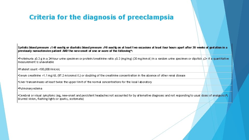 Criteria for the diagnosis of preeclampsia Systolic blood pressure ≥ 140 mm. Hg or