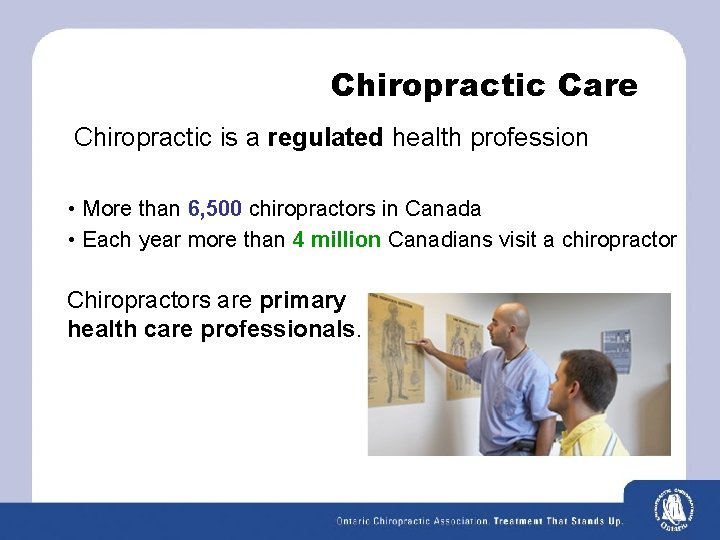 Chiropractic Care Chiropractic is a regulated health profession • More than 6, 500 chiropractors
