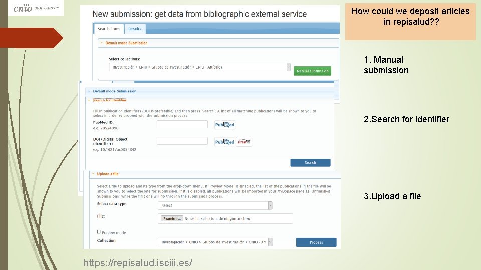 How could we deposit articles in repisalud? ? 1. Manual submission 2. Search for