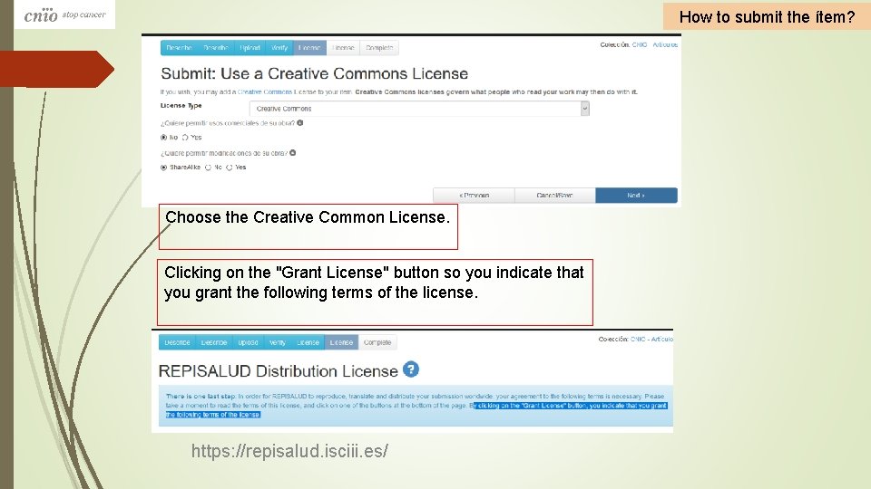 How to submit the ítem? Choose the Creative Common License. Clicking on the "Grant