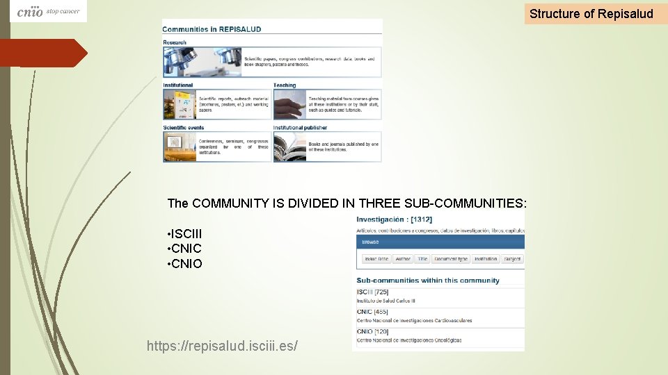 Structure of Repisalud The COMMUNITY IS DIVIDED IN THREE SUB-COMMUNITIES: • ISCIII • CNIC