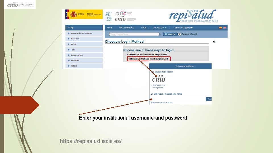 Enter your institutional username and password https: //repisalud. isciii. es/ 