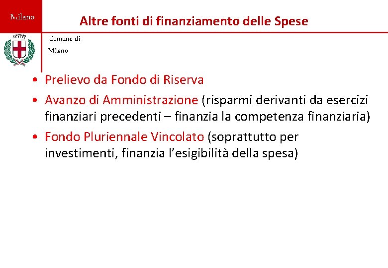 Milano Altre fonti di finanziamento delle Spese Comune di Milano • Prelievo da Fondo