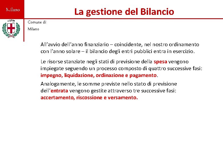 La gestione del Bilancio Milano Comune di Milano All’avvio dell’anno finanziario – coincidente, nel