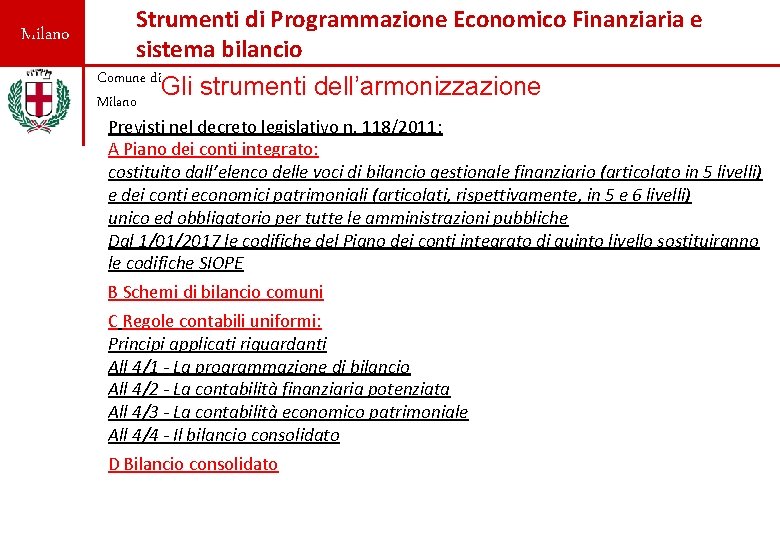 Milano Strumenti di Programmazione Economico Finanziaria e sistema bilancio Comune di Gli Milano strumenti