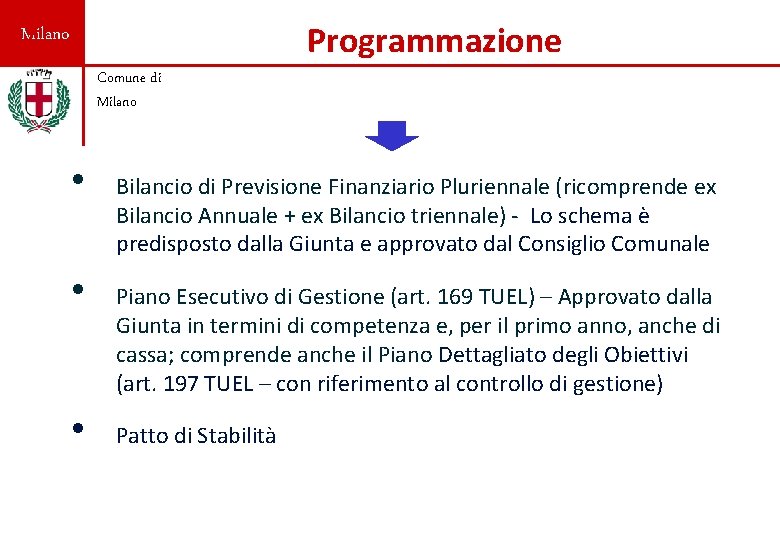 Programmazione Milano Comune di Milano • • • Bilancio di Previsione Finanziario Pluriennale (ricomprende