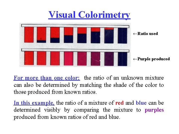Visual Colorimetry ←Ratio used ←Purple produced For more than one color: the ratio of