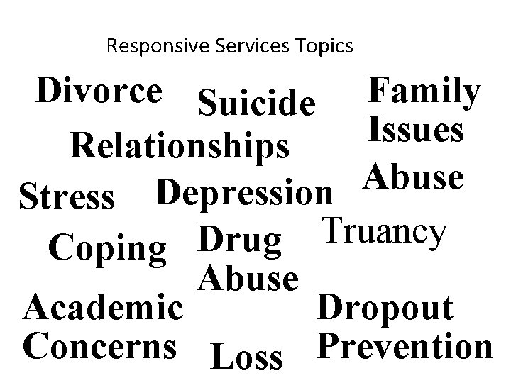 Responsive Services Topics Divorce Suicide Family Issues Relationships Abuse Stress Depression Truancy Drug Coping