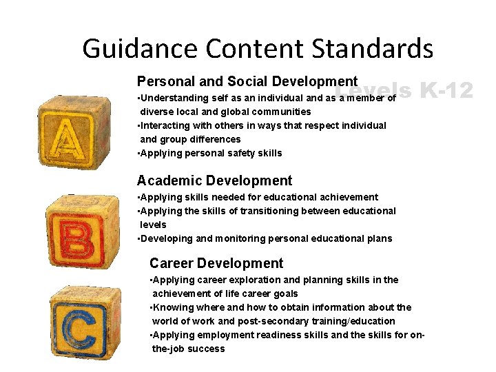 Guidance Content Standards Levels K-12 Personal and Social Development • Understanding self as an
