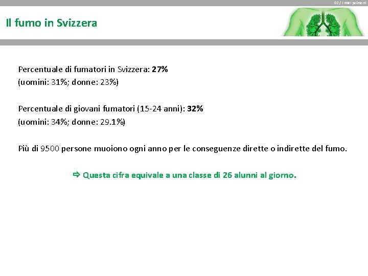 02 / I miei polmoni Il fumo in Svizzera Percentuale di fumatori in Svizzera: