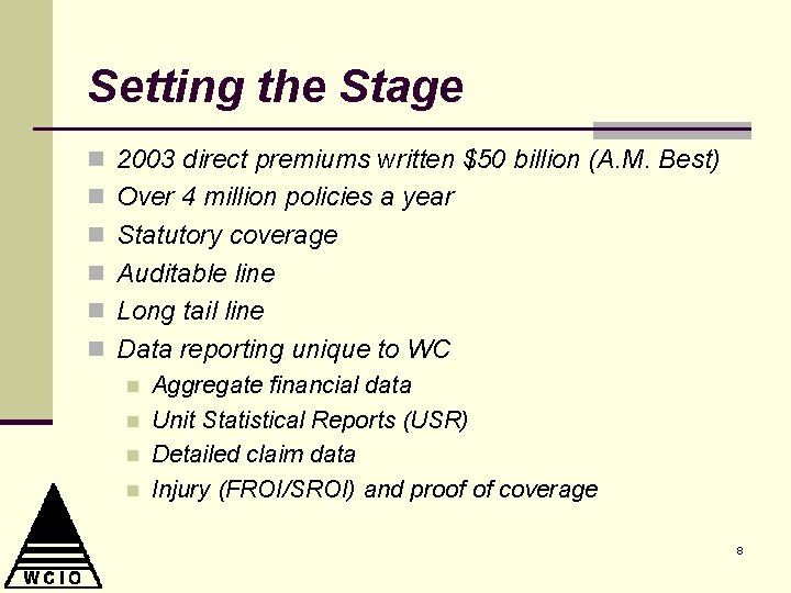 Setting the Stage n 2003 direct premiums written $50 billion (A. M. Best) n