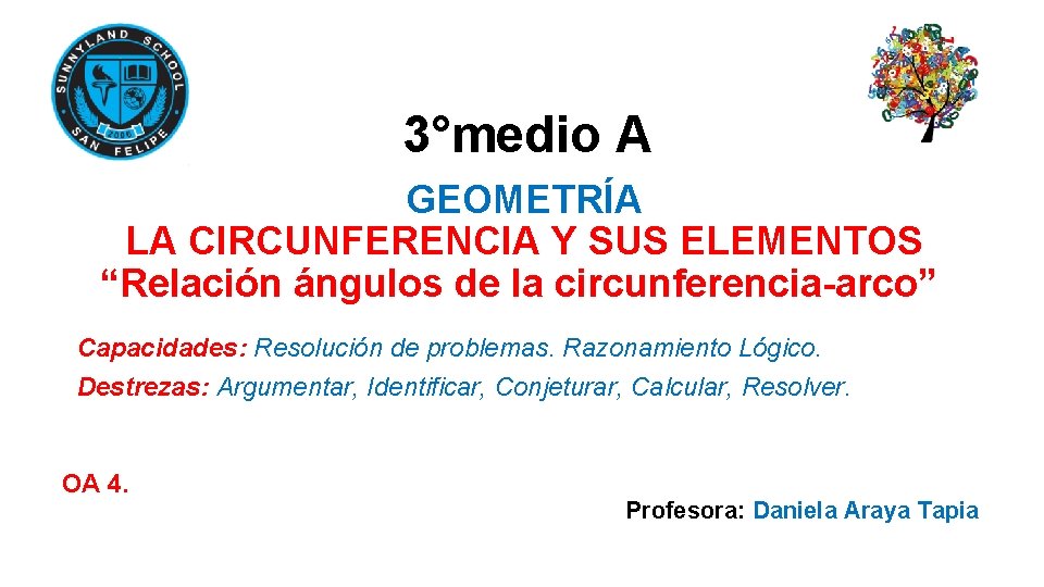 3°medio A GEOMETRÍA LA CIRCUNFERENCIA Y SUS ELEMENTOS “Relación ángulos de la circunferencia-arco” Capacidades: