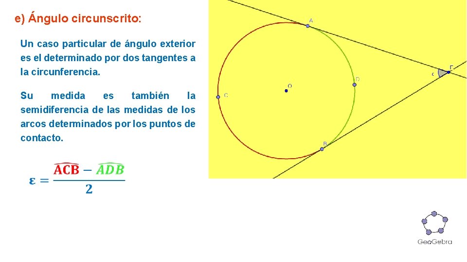 e) Ángulo circunscrito: Un caso particular de ángulo exterior es el determinado por dos