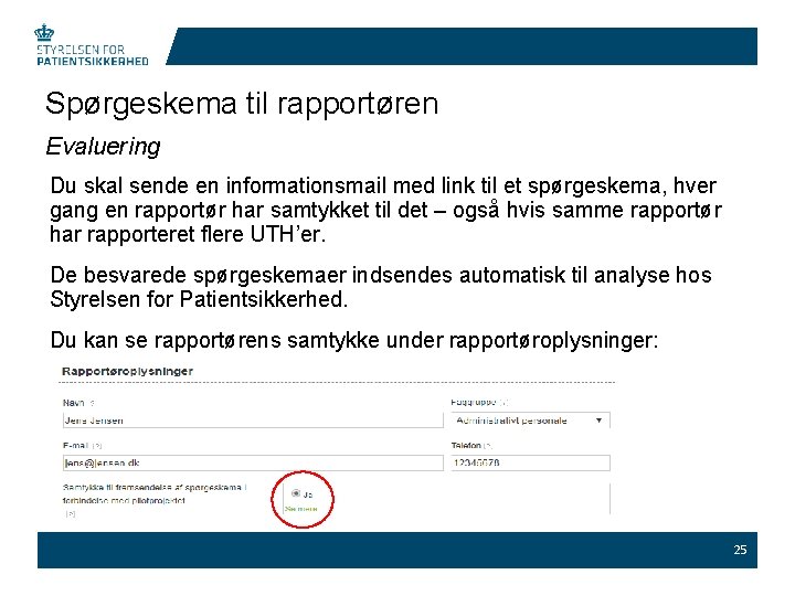 Spørgeskema til rapportøren Evaluering Du skal sende en informationsmail med link til et spørgeskema,