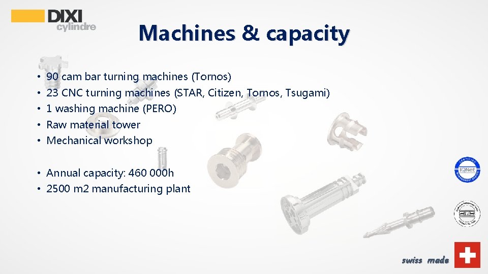 Machines & capacity • 90 cam bar turning machines (Tornos) • 23 CNC turning